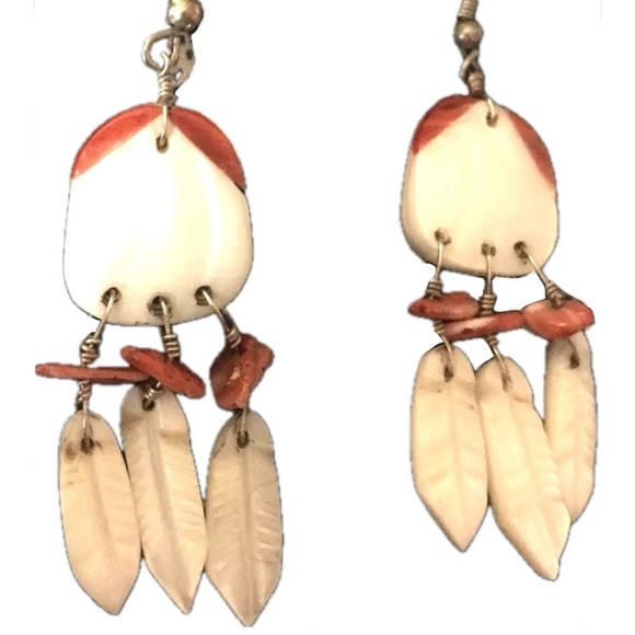 Coral Feathers White Carved Shell Iridescent Beach Southwestern Carnelian Dangle - Picture 3 of 5